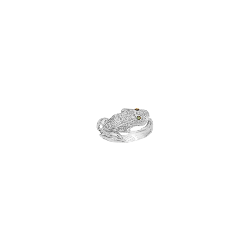 Bague grenouille, yeux émeraudes 585 °/oo gris - La Petite Française