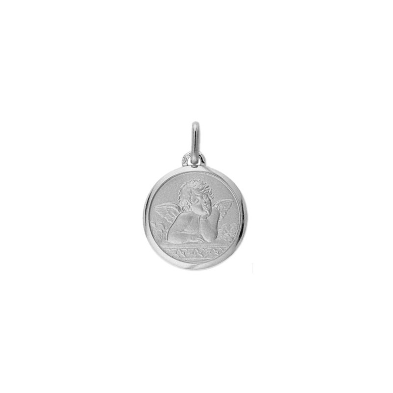 Médaille ange de Raphaël - 16 mm - Or  9 carats gris - La Petite Française