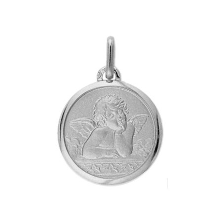 Médaille ange de Raphaël - 16 mm - Or  9 carats gris - La Petite Française