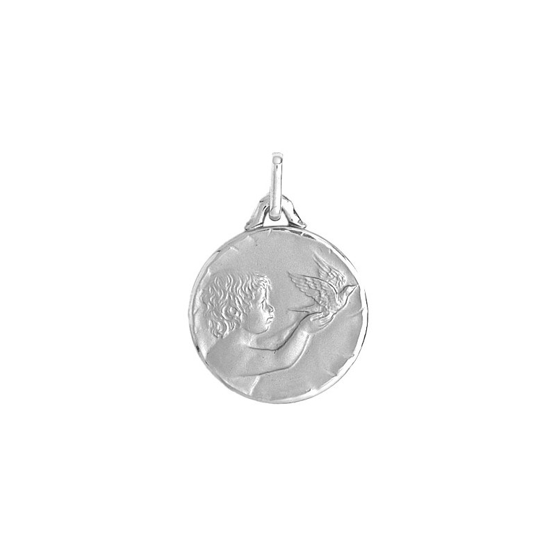 Médaille enfant à la colombe - 18 mm - Or 9 carats gris - La Petite Française
