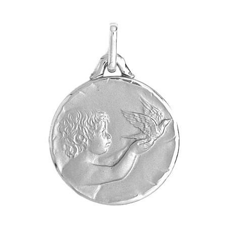Médaille enfant à la colombe - 18 mm - Or 9 carats gris - La Petite Française