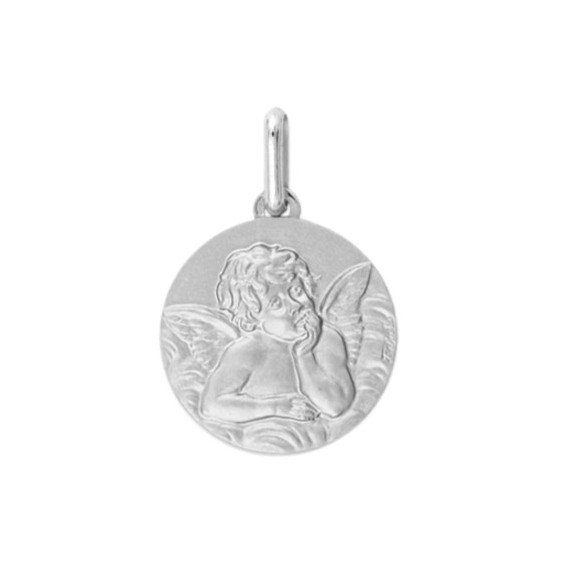 Médaille ange de Raphaël - 14 mm - Or 9 carats gris - La Petite Française