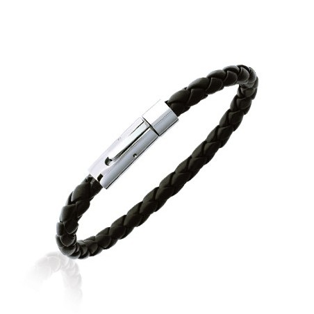 Bracelet en cuir noir tressé et acier - La Petite Française