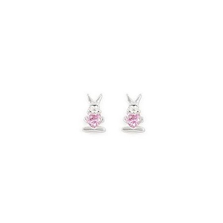 Boucles d'oreilles lapins coeur rose argent - La Petite Française