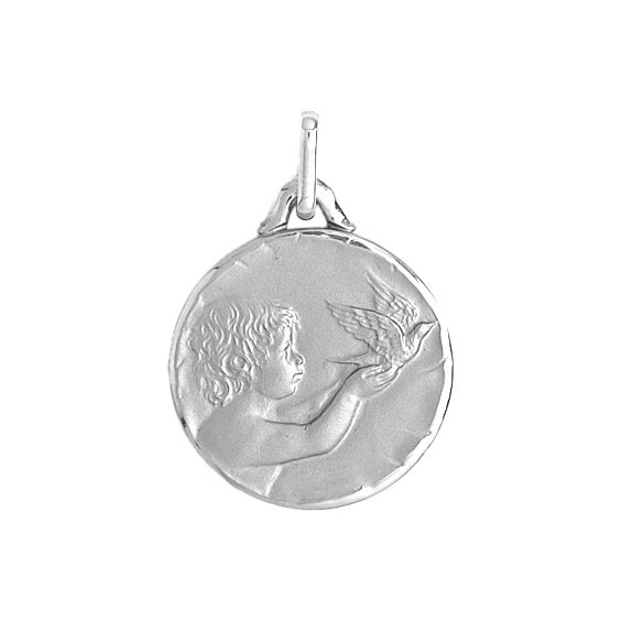 Médaille enfant à la colombe - 18 mm - Or 18 carats gris - La Petite Française