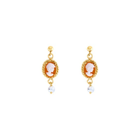 Boucles d'oreilles Hortense camées et perle Or 18 carats jaune - La Petite Française