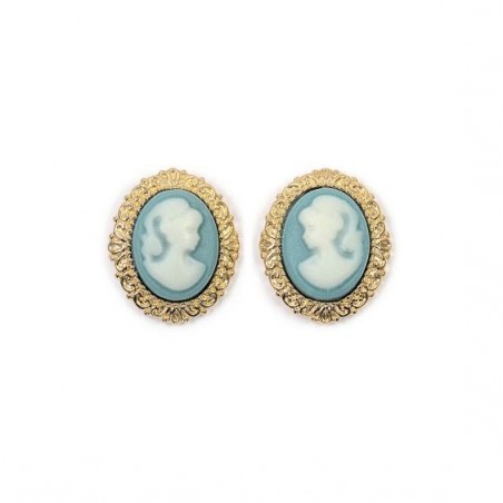 Boucles d'oreilles puce camées bleu dentelle plaqué or - La Petite Française