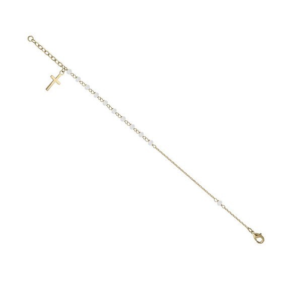 Bracelet chapelet blanc, charm croix en plaqué or  - Bijouterie La Petite Française