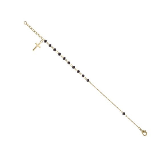 Bracelet chapelet noir, charm croix en plaqué or  - Bijouterie La Petite Française
