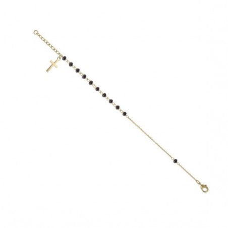 Bracelet chapelet noir, charm croix en plaqué or  - La Petite Française