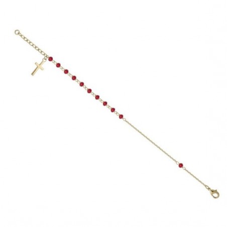 Bracelet chapelet rouge, charm croix en plaqué or  - La Petite Française