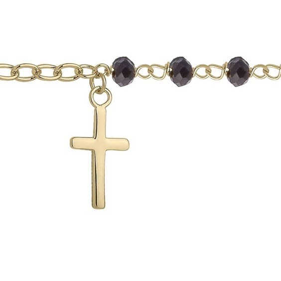 Bracelet chapelet noir, charm croix en plaqué or  - La Petite Française