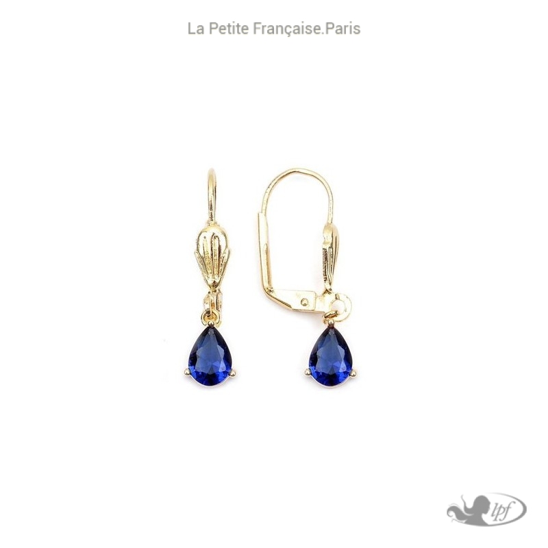 Boucles d'oreilles dormeuses gouttes bleu saphir plaqué or - Bijouterie La Petite Française