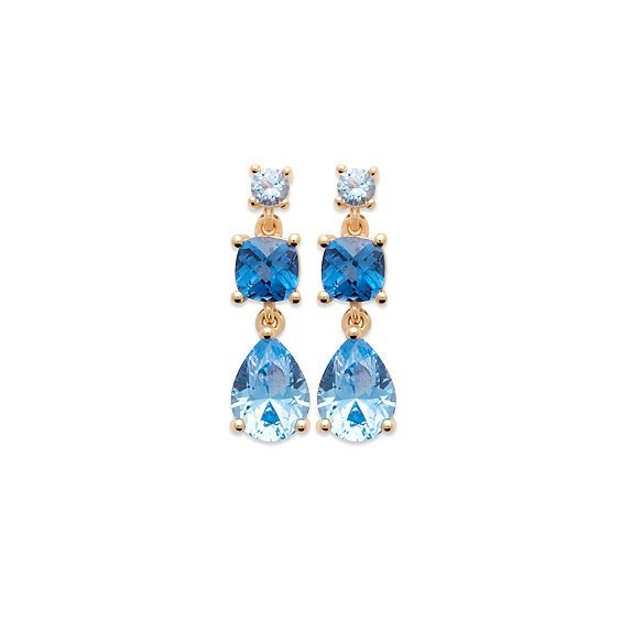 Boucles d'oreilles pendantes Stéphanie plaqué or et zirconiums bleus   - La Petite Française