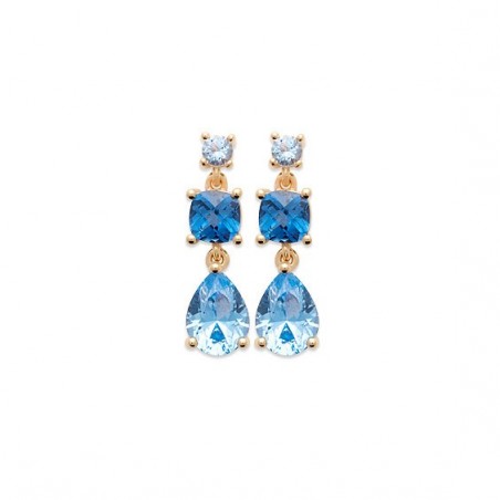 Boucles d'oreilles pendantes Stéphanie plaqué or et zirconiums bleus   - Bijouterie La Petite Française
