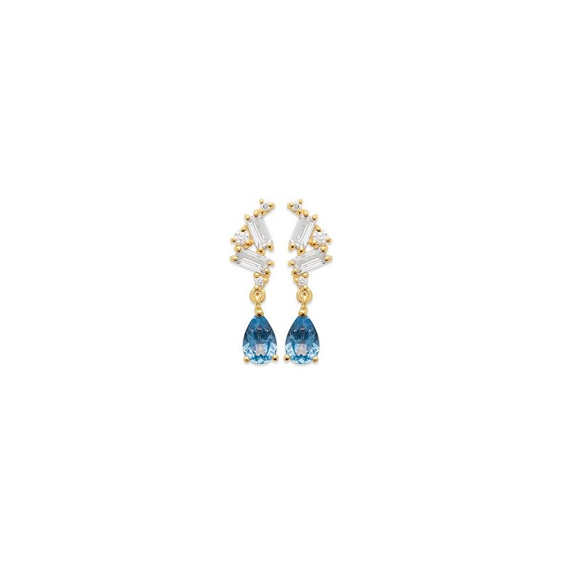 Boucles d'oreilles pendantes Annie plaqué or et zirconiums bleus   - Bijouterie La Petite Française