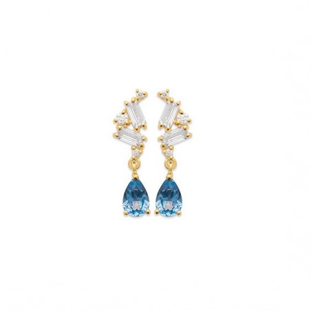Boucles d'oreilles pendantes Annie plaqué or et zirconiums bleus   - Bijouterie La Petite Française
