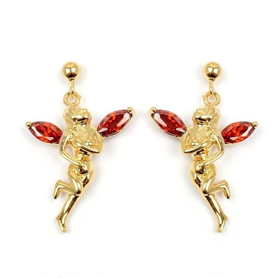Boucles d'oreilles fée plaqué or et zirconiums rouges 