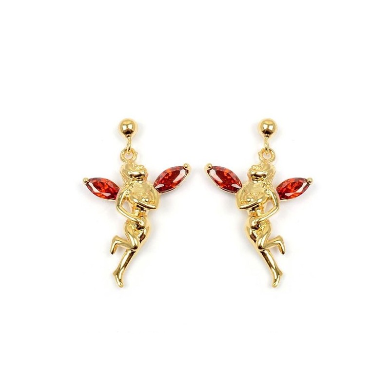Boucles d'oreilles fée plaqué or et zirconiums rouges 