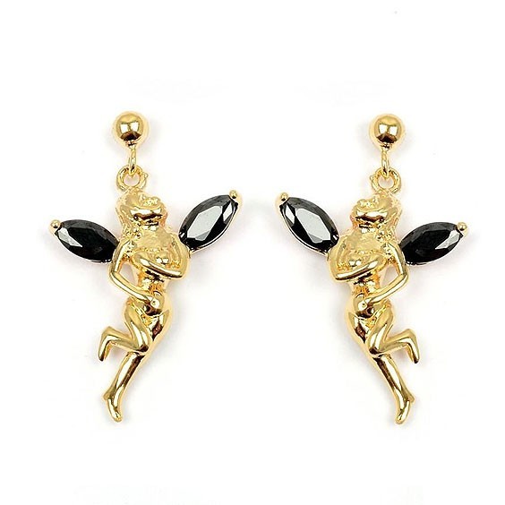 Boucles d'oreilles fée plaqué or et zirconiums noirs 
