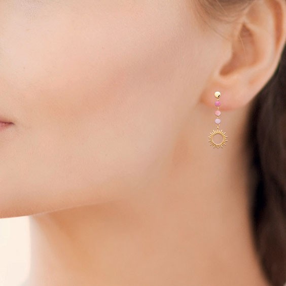 Boucles d'oreilles pendantes soleil améthyste plaqué or  - Bijouterie La Petite Française