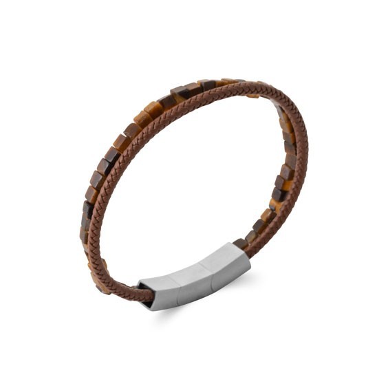 Bracelet double cuir et pierre oeil de tigre acier  - La Petite Française