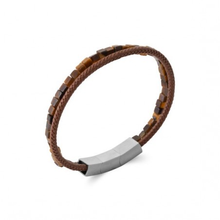 Bracelet double cuir et pierre oeil de tigre acier  - Bijouterie La Petite Française