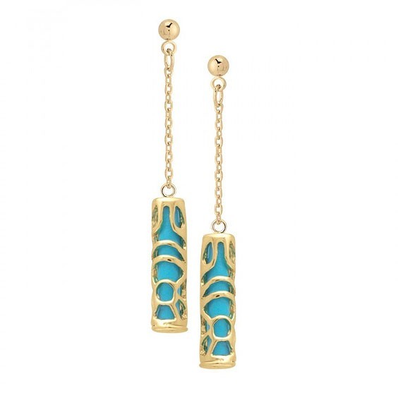 Boucle  d'oreilles pendantes Tiki Polynésien turquoise sagesse plaqué or  - Bijouterie La Petite Française