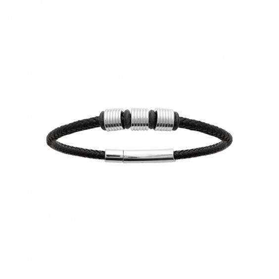 Bracelet cuir noir et acier tresse  - Bijouterie La Petite Française