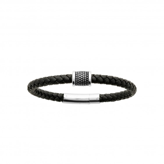 Bracelet cuir noir et acier spirales  - Bijouterie La Petite Française