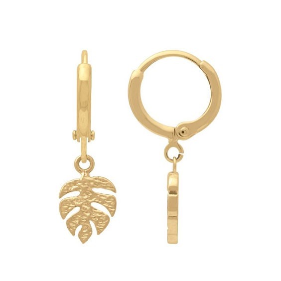 Boucles d'oreilles créoles feuille de monstera plaqué or  - Bijouterie La Petite Française