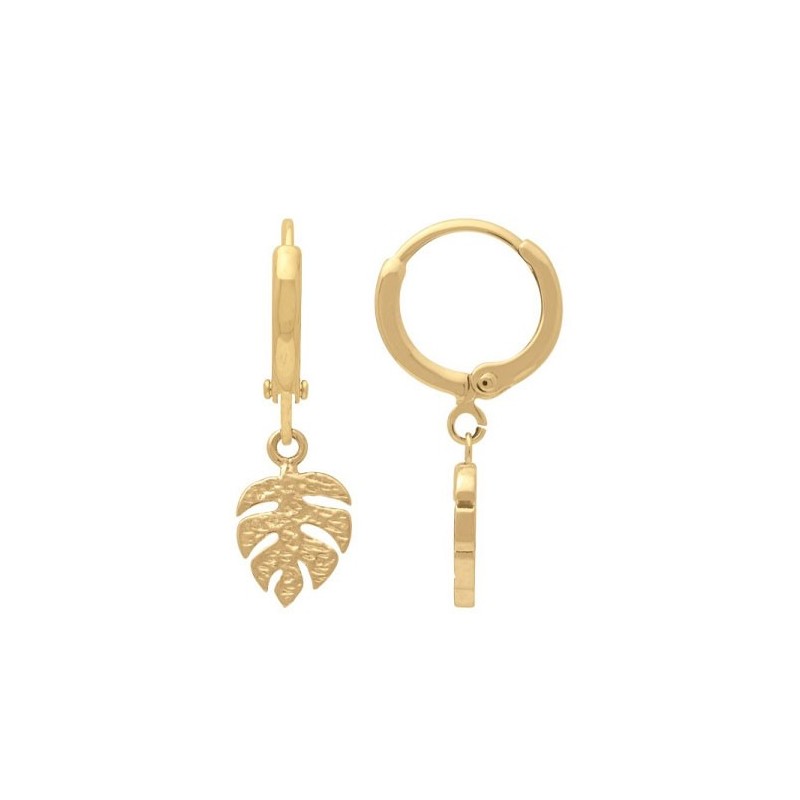 Boucles d'oreilles créoles feuille de monstera plaqué or  - Bijouterie La Petite Française
