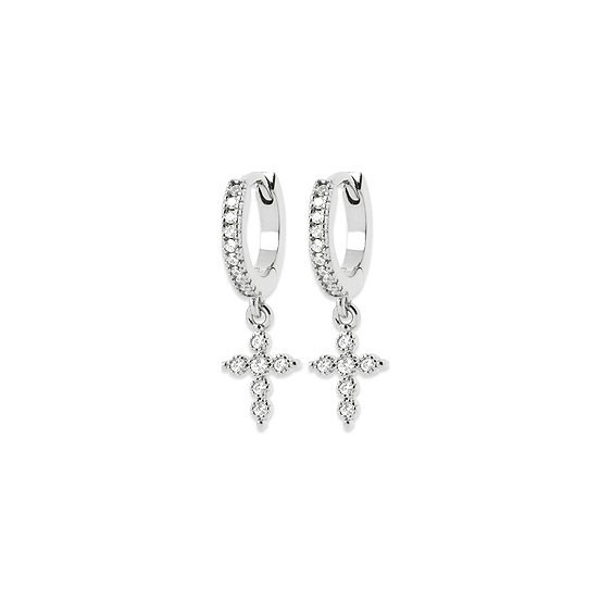 Mini-créoles pampilles croix en argent rhodié et ziconiums  - Bijouterie La Petite Française