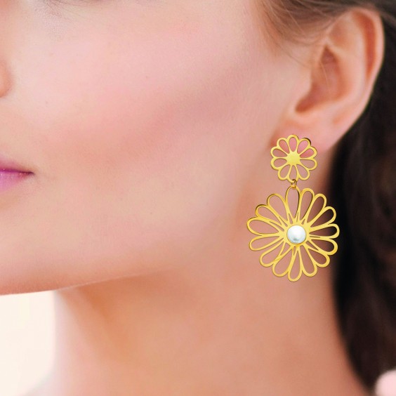Boucles d'oreilles pendantes feuilles acier doré - Bijouterie La Petite Française