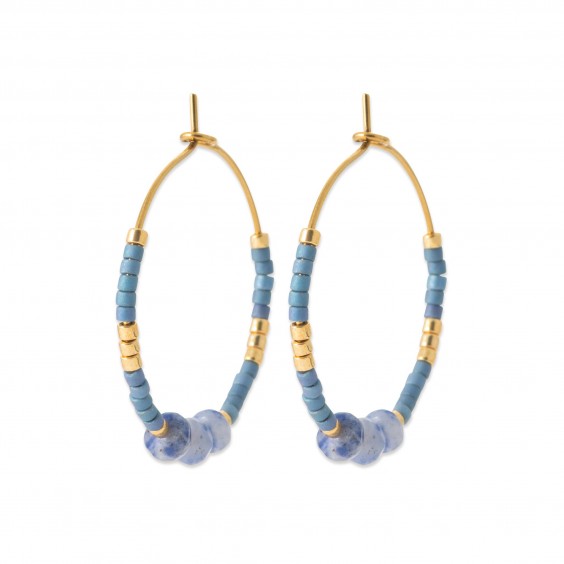 Créoles pierres sodalite et perle de Miyuki acier doré - Bijouterie La Petite Française