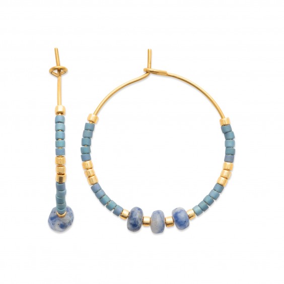 Créoles pierres sodalite et perle de Miyuki acier doré - Bijouterie La Petite Française