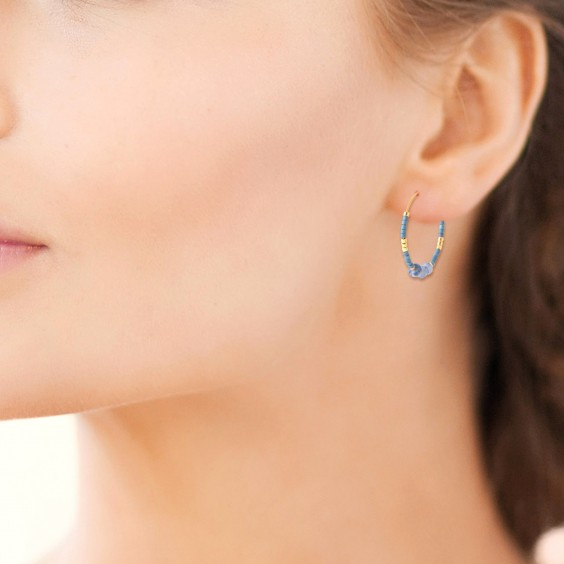 Créoles pierres sodalite et perle de Miyuki acier doré - Bijouterie La Petite Française