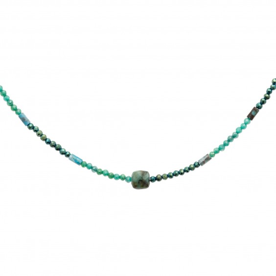 Collier pierre chrysocolle, apatite  et perle de Miyuki acier doré - Bijouterie La Petite Française