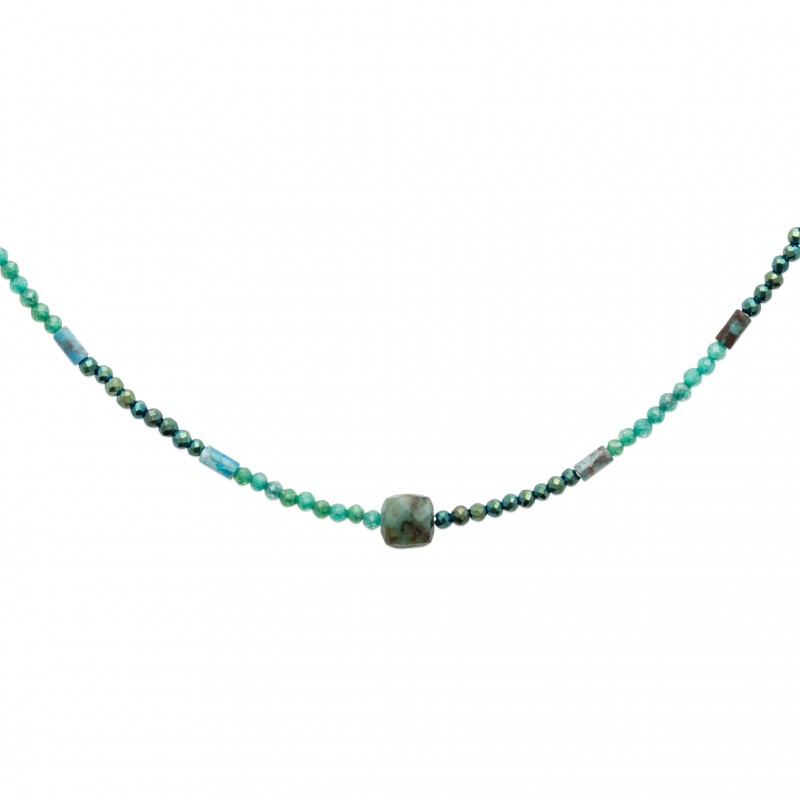 Collier pierre chrysocolle, apatite et perle de Miyuki acier doré - Bijouterie La Petite Française Collier pierre chrysocolle, apatite et perle de Miyuki acier doré - Bijouterie La Petite Française