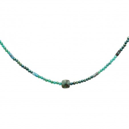 Collier pierre chrysocolle, apatite  et perle de Miyuki acier doré - Bijouterie La Petite Française