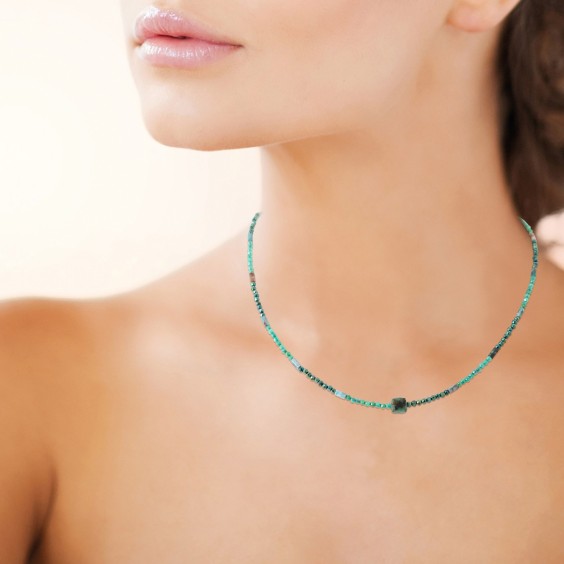 Collier pierre chrysocolle, apatite  et perle de Miyuki acier doré - Bijouterie La Petite Française