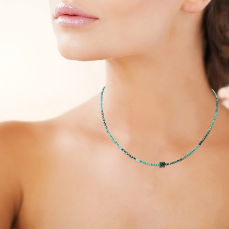 Collier pierre chrysocolle, apatite  et perle de Miyuki acier doré - Bijouterie La Petite Française