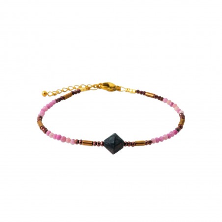 Bracelet pierres Phodonite, hématite et perle de Miyukii acier doré 
