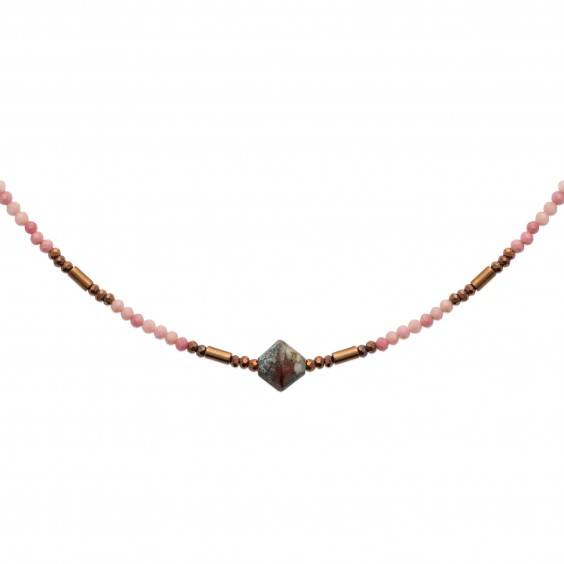 Collier pierre Phodonite, hématite et perle de Miyuki acier doré 