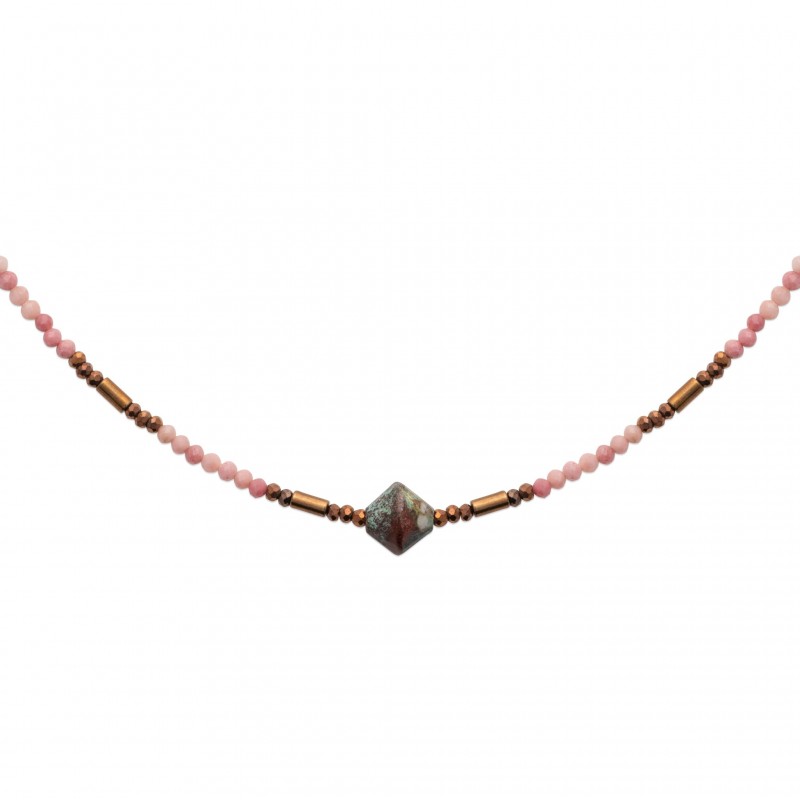 Collier pierre Phodonite, hématite et perle de Miyuki acier doré 
