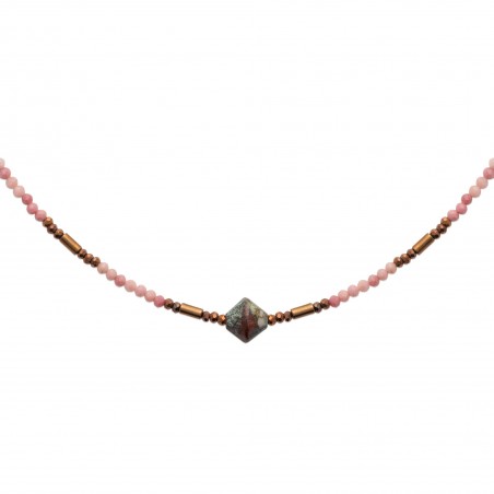 Collier pierre Phodonite, hématite et perle de Miyuki acier doré 