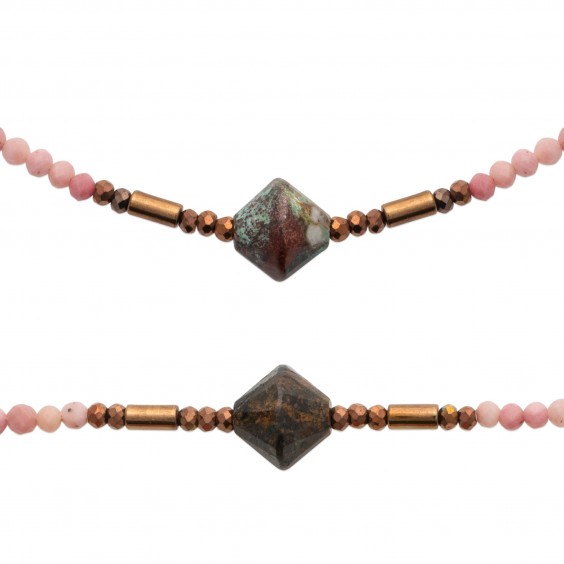 Collier pierre Phodonite, hématite et perle de Miyuki acier doré 