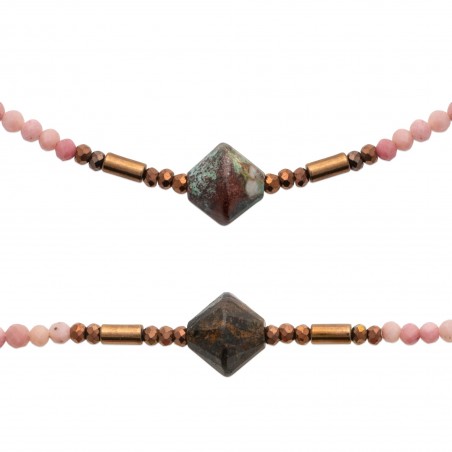 Collier pierre Phodonite, hématite et perle de Miyuki acier doré 