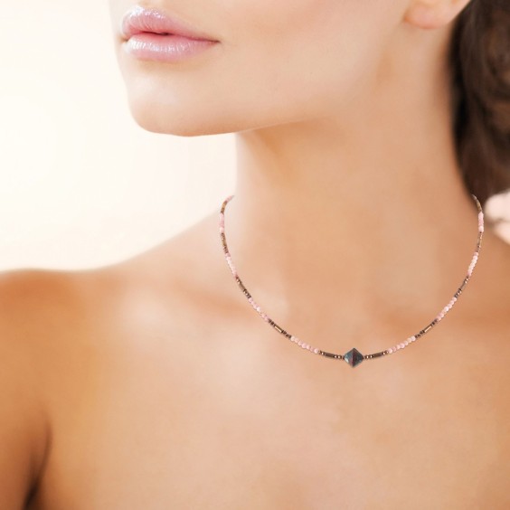 Collier pierre Phodonite, hématite et perle de Miyuki acier doré 