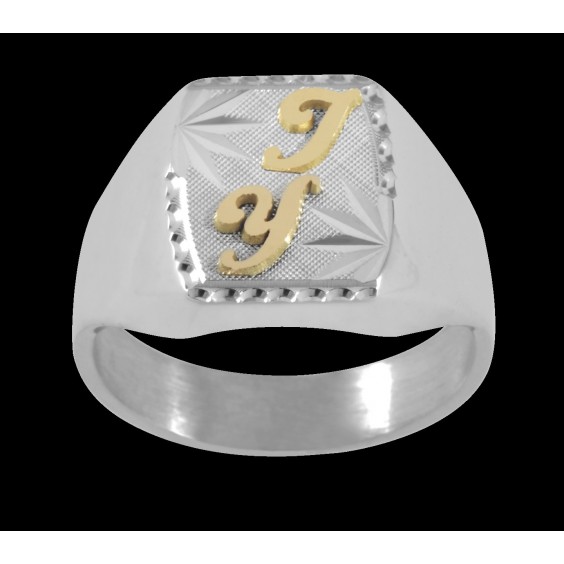 Chevalière Herméus argent et initiales or 18 carats jaune 